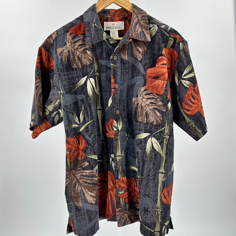Paradise Shores Tropical Monstera Bamboo Print Button Down‎ Shirt Medium